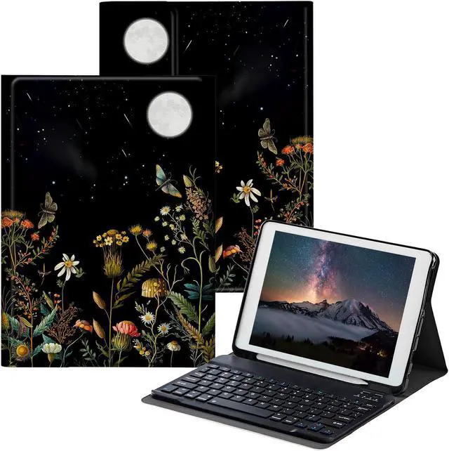 Main image of BPQOJB for iPad 10th Generation Case with Keyboard for iPad Case 10th Generation 10.9 inch 2022 with Detachable Wireless Keyboard & Adjustable Stand Protect Tablet Cover - Flowers and Plants Moon