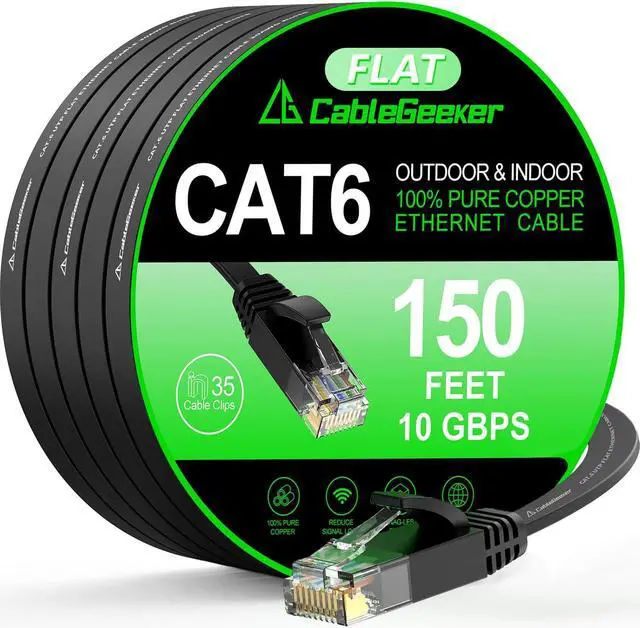 Main image of Cat 6 Ethernet Cable 150 ft, Indoor&Outdoor, High Speed 10Gbps Flat Internet Network Cable, Cat6 Ethernet Patch Cable Long, Computer LAN Cable with Free Clips & Straps for Router, Modem, PS4/5, Black