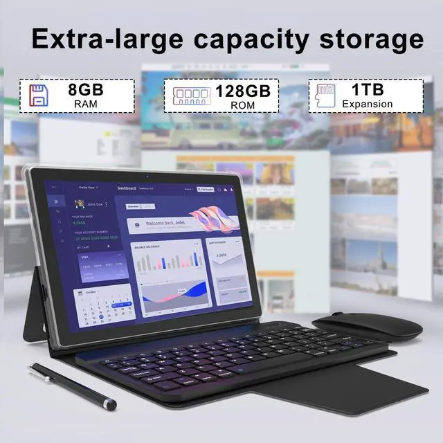 Alt view image 4 of 5 - Android Tablet 10 inch Tablets, 2 in1 Tablet with Keyboard Case Mouse Stylus, 8GB RAM 128GB ROM 1TB Expand, 2.0Ghz Quad-Core Processor, 5G Wi-Fi 6, Bluetooth 5.0, 6000mAh Battery, Dual Camera, GMS