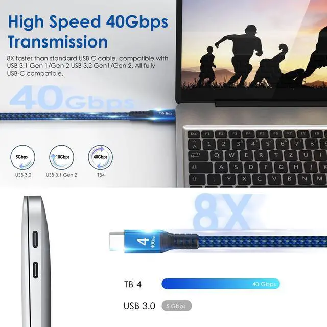 Alt view image 5 of 5 - 240W for Thunderbolt 4 Cable 10 ft, 40Gbps USB C Cable with PD 3.1, 8K 60Hz 4K 144Hz USB 4 Cable for iPhone 15/Plus/Pro/Pro Max, Thunderbolt 3 Cable, Hub, SSD, Docking, eGPU