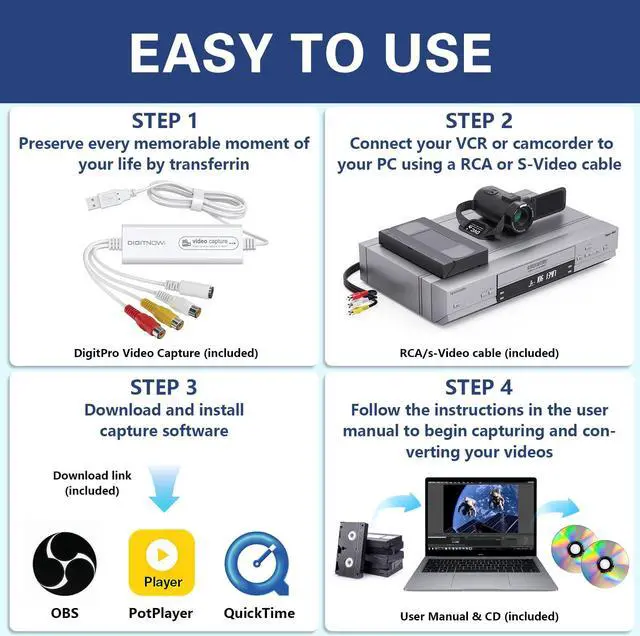 Alt view image 3 of 5 - DigitPro VHS to DVD Wizard with USB Video Grabber, Video Capture Card, RCA to USB Converter, Hi8 Mini DV to DVD Converter for Tape Player Camcorder Camera PC TV, Windows Mac OS Compatible