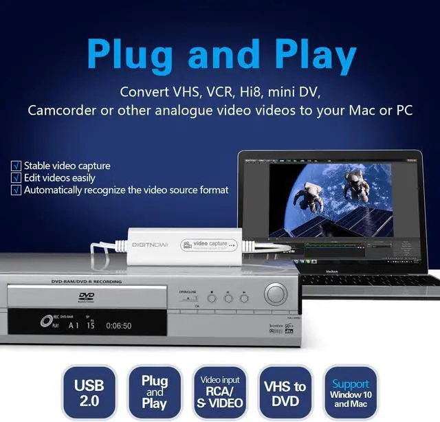 Alt view image 5 of 5 - DigitPro VHS to DVD Wizard with USB Video Grabber, Video Capture Card, RCA to USB Converter, Hi8 Mini DV to DVD Converter for Tape Player Camcorder Camera PC TV, Windows Mac OS Compatible