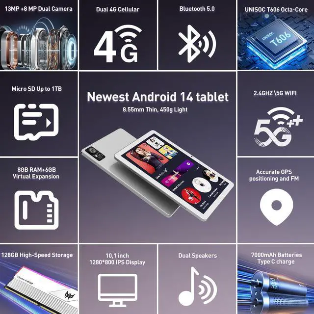 Alt view image 2 of 5 - 2025 Tablet, Android Tablets 10 inch Tablet PC with Octa-core CPU 14GB RAM +128GB ROM + 1TB Expand, 7000mAh Battery, 1280 * 800 Incell Screen, 5G/2.4G WiFi + 4G LTE, BT 5.0, Dual Cameras