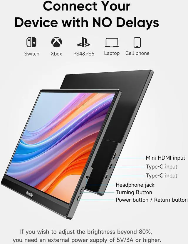 Alt view image 3 of 5 - Portable Monitor, 15.6" FHD 1080P Travel Portable Monitor for Laptop, Ultra-Slim External Portable Screen for Laptop with Kickstand, Screen Extender for Laptop PC Mac Phone PS4/5 Xbox Switch