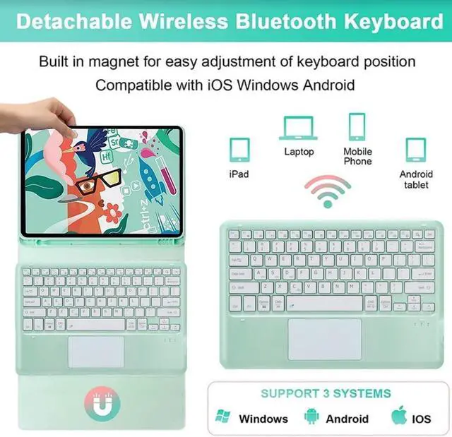 Alt view image 4 of 5 - Touchpad Keyboard Case for iPad (A16) 11th Generation 11 Inch 2025/10th Generation, Detachable Bluetooth Multi-Touch Trackpad Keyboard Cover with Pencil Holder, (Mint Green)