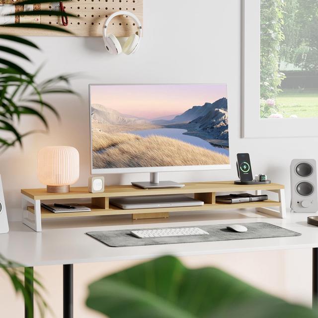 Alt view image 2 of 5 - Fenge Dual Monitor Stand for Desk, 42.5in Large Monitor Riser for 2 Monitors, 2 Tier Computer Office Desk Top Shelf, Desktop Storage Stand for Laptop, PC, Computer, Printer