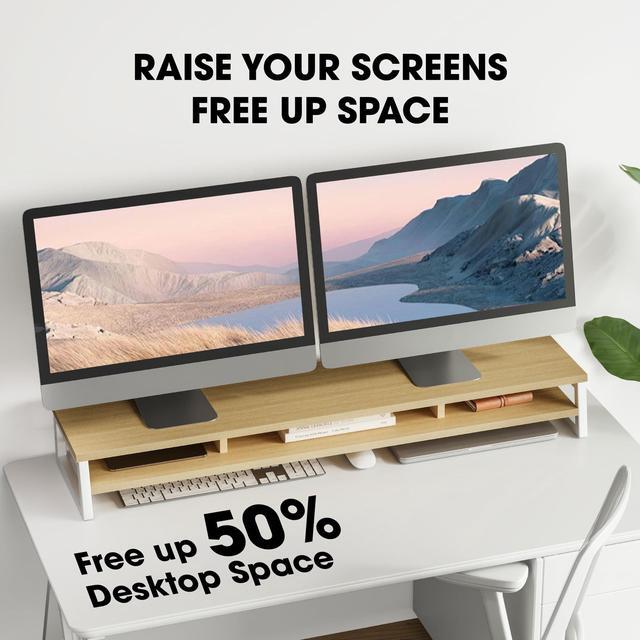 Alt view image 4 of 5 - Fenge Dual Monitor Stand for Desk, 42.5in Large Monitor Riser for 2 Monitors, 2 Tier Computer Office Desk Top Shelf, Desktop Storage Stand for Laptop, PC, Computer, Printer