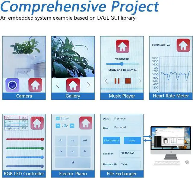 Alt view image 4 of 5 - Freenove Development Kit for ESP32-S3-WROOM CAM (Included), Dual-core 32-bit 240 MHz Microcontroller, Onboard Camera Wireless, Touch Screen Stereo Speakers Heart Rate Sensor, Tutorial Code