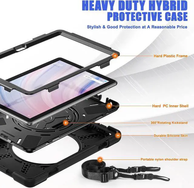 Alt view image 3 of 5 - FONREST for All-New Fire HD 10 Tablet 13th Generation 2023 Release 10.1" Rugged Case, Portable Heavy Duty Shock-Proof Armor Cover with 360° Rotatable Kickstand/Hand Grip, Shoulder Strap (Black)