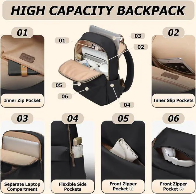 Alt view image 3 of 5 - GOLF QUALITY Laptop Backpack for Women Fit 14 Inch Stylish Daypack Notebook Travel Work Commuter Casual Daypack Backpack Purse for Women Travel Business (Black)