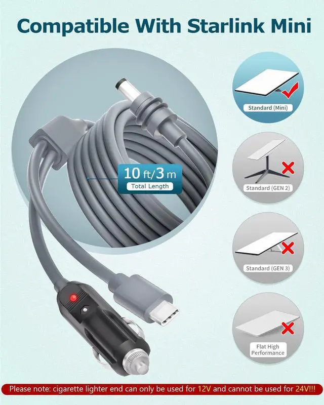 Alt view image 2 of 5 - Starlink Mini Power Cable Cigarette Lighter, Starlink Mini USB C to DC Power Cable 2 in 1+Starlink Mini Power Cable Cigarette Lighter 10FT/3M