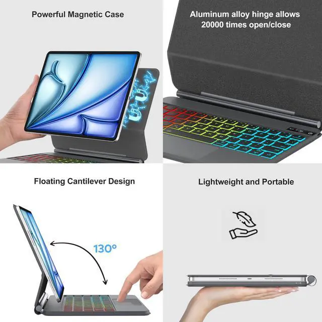 Alt view image 4 of 5 - iPad Air 11 inch Keyboard Case (M3/M2) 2025/2024, Air 5th/4th 10.9 & Pro 11 (4th/3rd/2nd/1st Gen), Rainbow Colors Backlit with Trackpad Keyboard, Magnetic Floating Cantilever Stand, Auto Sleep/Wake