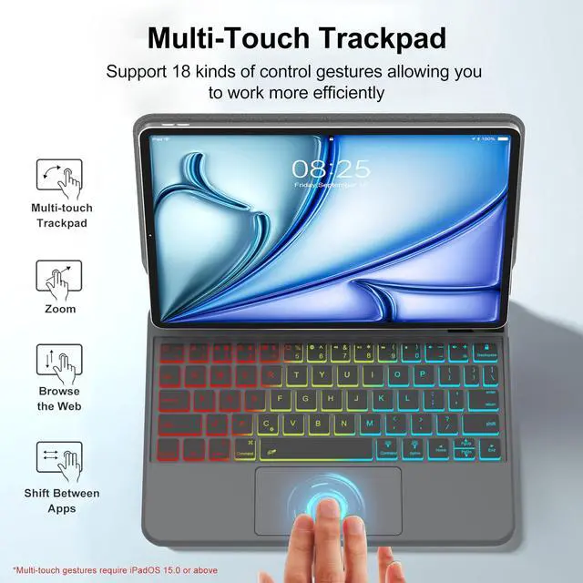 Alt view image 3 of 5 - iPad Air 11 inch Keyboard Case (M3/M2) 2025/2024, Air 5th/4th 10.9 & Pro 11 (4th/3rd/2nd/1st Gen), Rainbow Colors Backlit with Trackpad Keyboard, Magnetic Floating Cantilever Stand, Auto Sleep/Wake