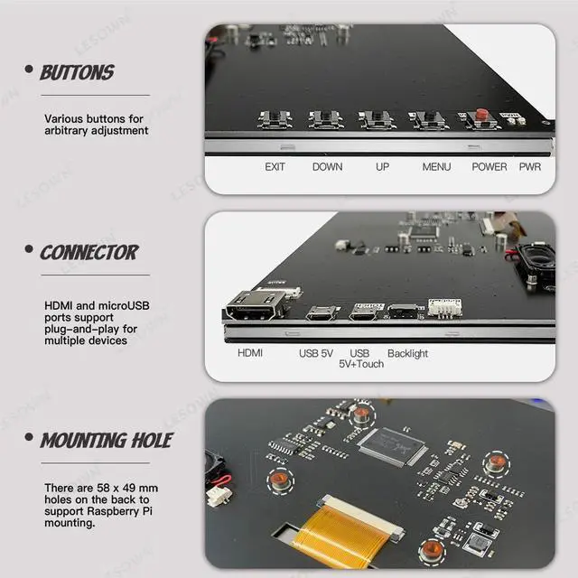 Alt view image 2 of 5 - LESOWN 10 inch Monitor HDMI Touchscreen 10.1 inch Small Display LCD Smooth Responsive Touch Screen IPS 1024x600, Dual Speakers, HDMI Input, for Raspberry Pi 5 4 3 2 Zero B B+, Drive Free