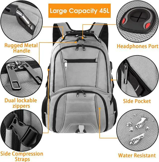 Alt view image 5 of 5 - LTINVECK Extra Large 50L Travel Laptop Backpack, Computer bag Backbag with USB Charging Port, TSA Friendly Durable Big RFID Heavy Duty Business Tech Backpack Fits 17 Inch Laptops for Men Women, Grey