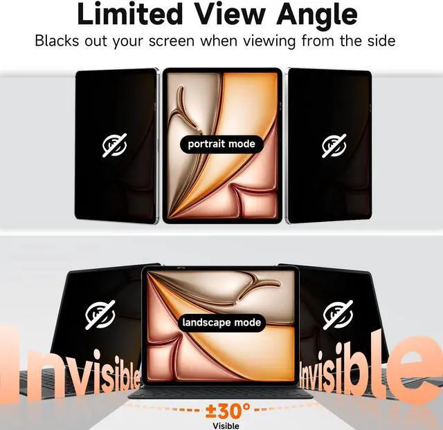 Alt view image 2 of 5 - Upgrade 360° Privacy Screen Protector for Apple iPad Pro 13 inch 7th M4 2024, Magicsuction 4-Way Anti Spy Glare Blue Light Filter (Landscape+Portrait Privacy), High Sensitive/Bubble Free/Reusable