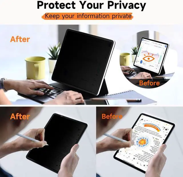 Alt view image 3 of 5 - Upgrade 360° Privacy Screen Protector for Apple iPad Pro 13 inch 7th M4 2024, Magicsuction 4-Way Anti Spy Glare Blue Light Filter (Landscape+Portrait Privacy), High Sensitive/Bubble Free/Reusable