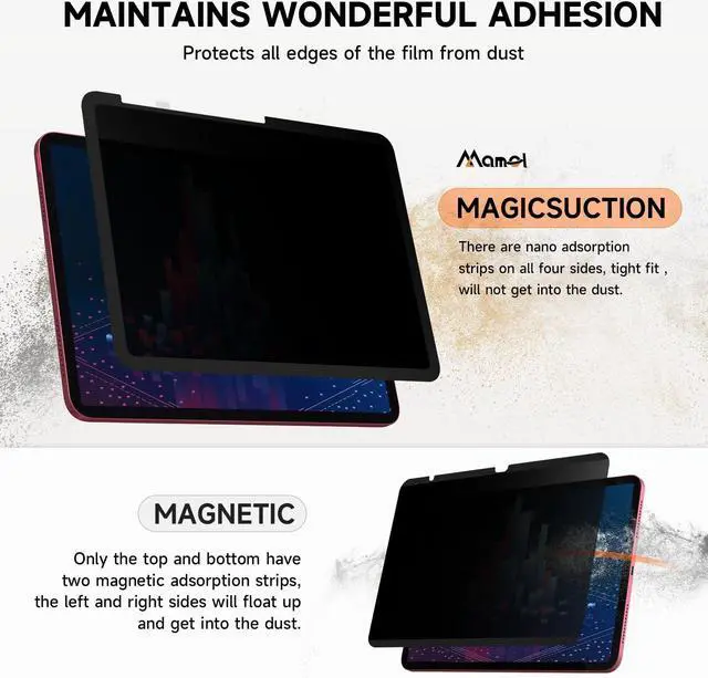 Alt view image 5 of 5 - Upgrade 360° Privacy Screen Protector for Apple iPad Pro 13 inch 7th M4 2024, Magicsuction 4-Way Anti Spy Glare Blue Light Filter (Landscape+Portrait Privacy), High Sensitive/Bubble Free/Reusable