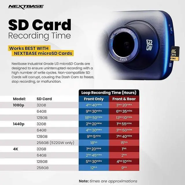 Alt view image 2 of 5 - Nextbase 256GB U3 Micro SD Card with Adapter for File Transfer - Compatible with NextBase 522GW and 622GW Dashcams - Full HD, 1440p and 4K Recording