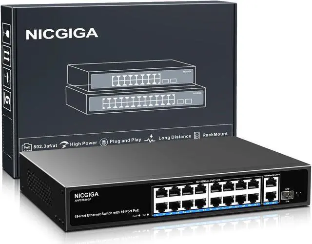 Main image of 16 Port PoE Switch Unmanaged, 16 Port PoE+@250W, 2 Gigabit Uplink Ports, 1 SFP Port, NICGIGA 19 Port Network Power Over Ethernet Switch, VLAN Mode, AI Watchdog 19 inch RackMount, Plug and Play.