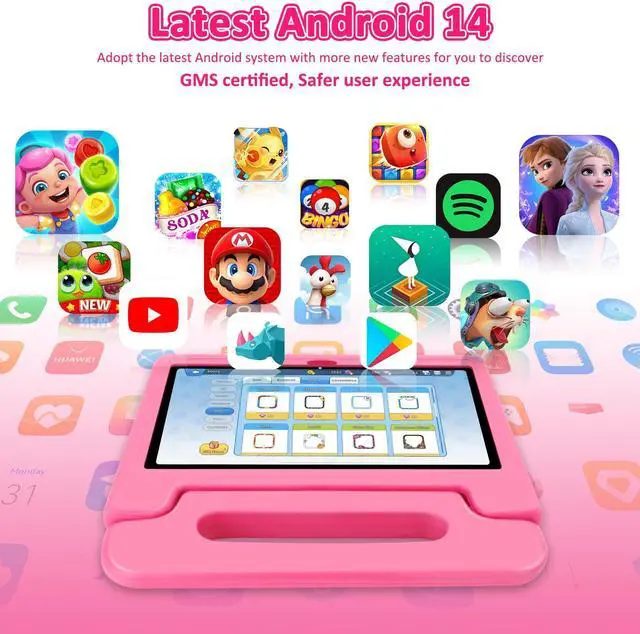 Alt view image 3 of 4 - NRKDUBQ Tablet for Kids, 10.1 inch IPS HD Touchscreen Android 14 64 GB Storage, 8GB RAM, Octa-Core Kids Tablet, Parental Controls, 12-hr Battery, WiFi, GPS - Pink