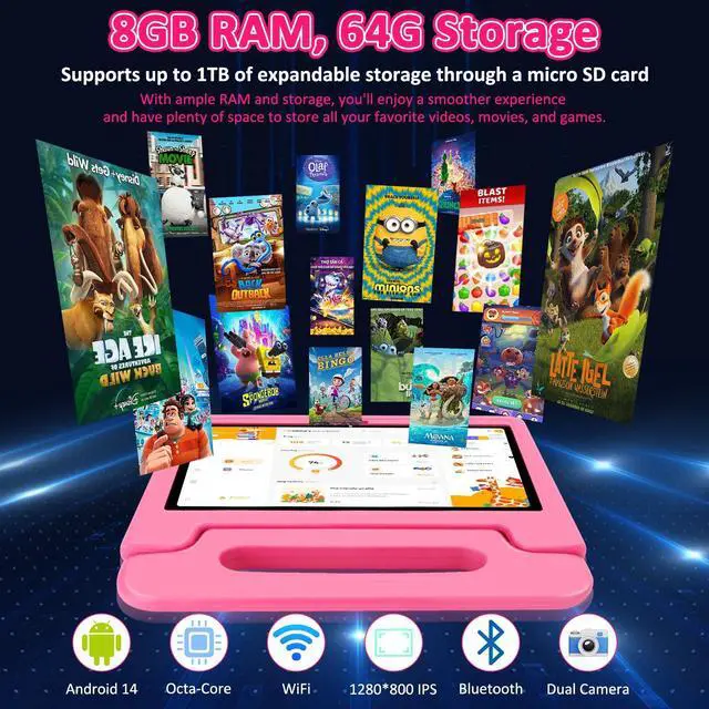 Alt view image 4 of 4 - NRKDUBQ Tablet for Kids, 10.1 inch IPS HD Touchscreen Android 14 64 GB Storage, 8GB RAM, Octa-Core Kids Tablet, Parental Controls, 12-hr Battery, WiFi, GPS - Pink