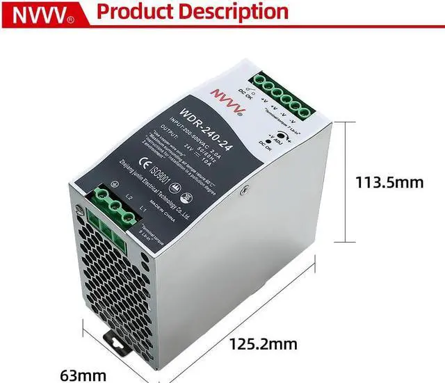 Alt view image 2 of 5 - WDR-240-24 24V, Input:180~550VAC,Output:24VDC 10A, 240W Industrial DIN Rail Power Supply AC to DC Converter