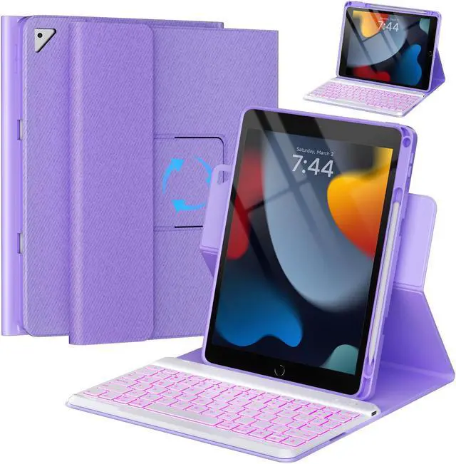 Main image of OYEEICE for iPad 9th Generation Case with Keyboard 10.2 Inch - Detachable Backlit Keyboard 360 Rotatable Cover with Pencil Holder for iPad 9th/8th/7th Gen 10.2 Inch, Air 3rd Gen & Pro 10.5" - Purple