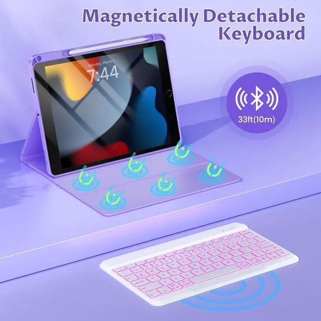 Alt view image 5 of 5 - OYEEICE for iPad 9th Generation Case with Keyboard 10.2 Inch - Detachable Backlit Keyboard 360 Rotatable Cover with Pencil Holder for iPad 9th/8th/7th Gen 10.2 Inch, Air 3rd Gen & Pro 10.5" - Purple