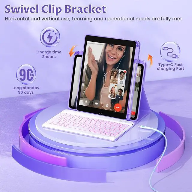 Alt view image 4 of 5 - OYEEICE for iPad 9th Generation Case with Keyboard 10.2 Inch - Detachable Backlit Keyboard 360 Rotatable Cover with Pencil Holder for iPad 9th/8th/7th Gen 10.2 Inch, Air 3rd Gen & Pro 10.5" - Purple