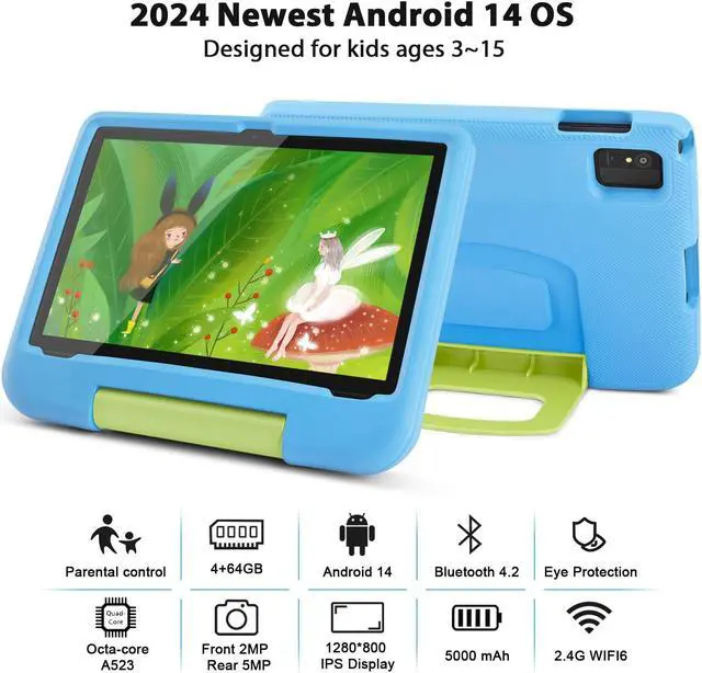 Alt view image 2 of 5 - paitanry Kids Tablet 10 Inch - Android 14 Tablet for Kids, Octa-Core 8(4+4) GB+64GB, IPS HD Toddler Device, WiFi 6, Dual Camera, GMS, Parental Control Mode (Blue EVA Case)
