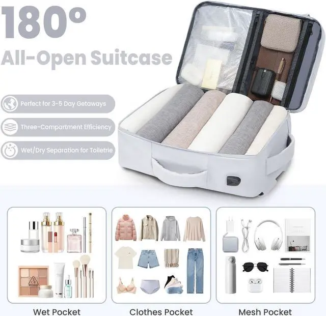 Alt view image 5 of 5 - prezon 35L Travel Backpack | 180° All-Open Design | Multi-Pockets | Airline Approved Carry on |15.6 inch Laptop Compartment | USB Port |Perfect for Travel Business College Bookbags |Men Women, Grey