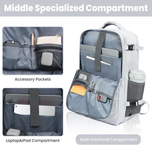 Alt view image 4 of 5 - prezon 35L Travel Backpack | 180° All-Open Design | Multi-Pockets | Airline Approved Carry on |15.6 inch Laptop Compartment | USB Port |Perfect for Travel Business College Bookbags |Men Women, Grey