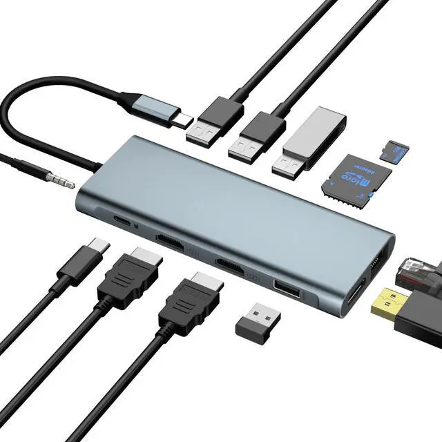 Main image of USB C Docking Station Dual Monitor, Laptop Triple Display 12 in 1 Type C Hub Multiport Adapter with 2 HDMI+DP+Ethernet+PD+2 USB3.1+2 USB2.0+SD/TF+Audio for Dell/HP/Lenovo/Surface Laptop