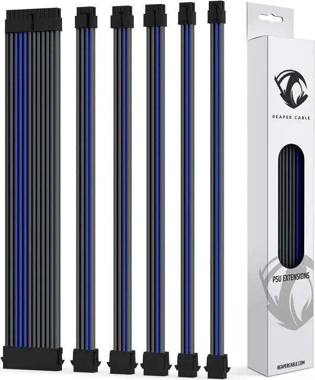 Main image of Reaper Cable Sleeved PSU Extension Set - Power Supply Extensions - 1x 24 Pin/ 2X 8 Pin/ 2X 6 Pin/ 1x 4+4 Pin - with Combs - 30cm (Carbon & Electric Blue)