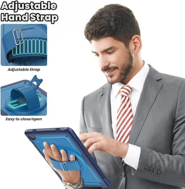 Alt view image 3 of 5 - SEYMAC for Samsung Galaxy Tab A9+ Plus Case 11" 2023 (SM-X210/X216/X218), Full-Body Shockproof Protective Case with Screen Protector, Rotating Stand and Hand/Shoulder Strap, Navy Blue