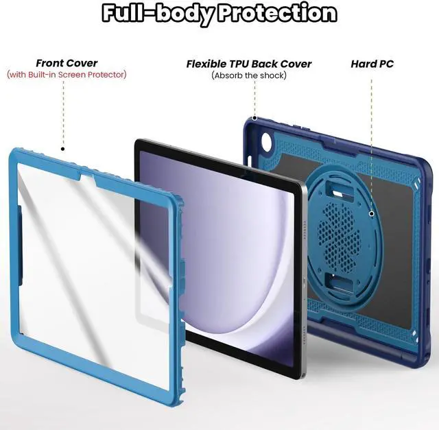Alt view image 5 of 5 - SEYMAC for Samsung Galaxy Tab A9+ Plus Case 11" 2023 (SM-X210/X216/X218), Full-Body Shockproof Protective Case with Screen Protector, Rotating Stand and Hand/Shoulder Strap, Navy Blue