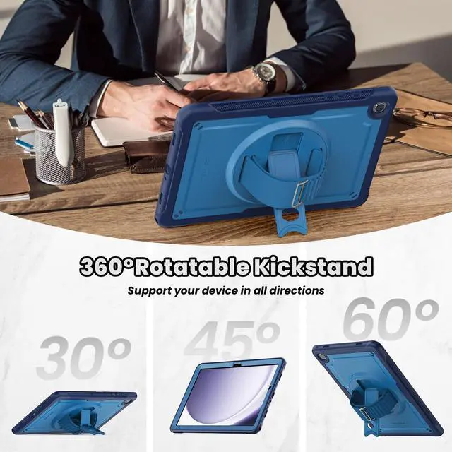 Alt view image 4 of 5 - SEYMAC for Samsung Galaxy Tab A9+ Plus Case 11" 2023 (SM-X210/X216/X218), Full-Body Shockproof Protective Case with Screen Protector, Rotating Stand and Hand/Shoulder Strap, Navy Blue