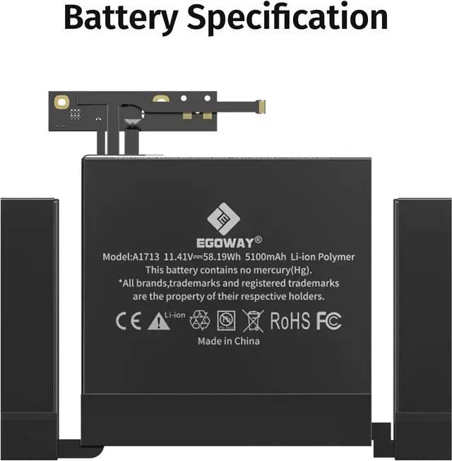 Alt view image 3 of 5 - A1708 A2159 A2289 A2338 Battery, Egoway Replacement Battery for A1713 A2171, Compatible with Mac Book Pro 13 Inch (Late 2016, Mid 2017, Mid 2019, 2020), EMC 2978 3164 3301 3456 3578