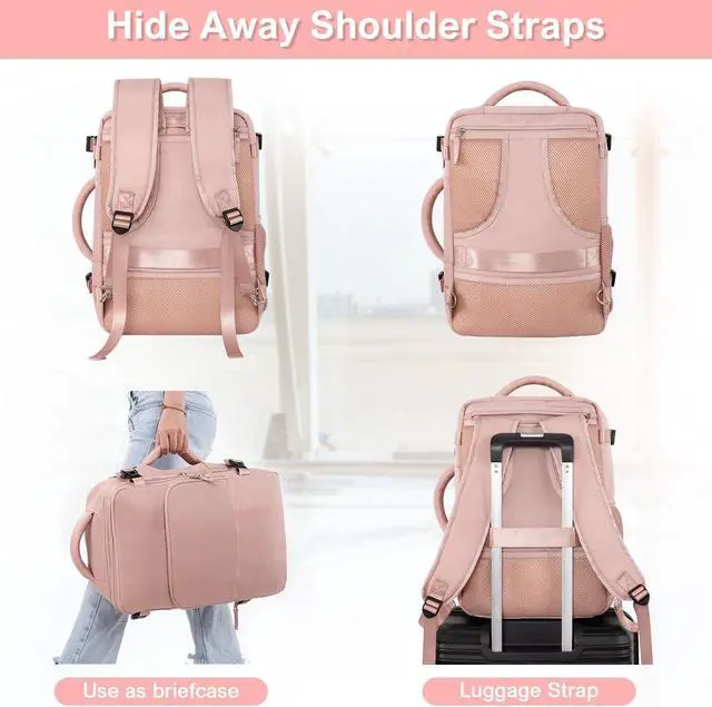 Alt view image 3 of 5 - Sinaliy Backpack (Pink & Beige), Flight Approved Personal Item Travel Backpack, Carry On Backpack with Multi-Pockets, College Bag, Hiking Waterproof Backpack, Business Backpack with USB Charging Port