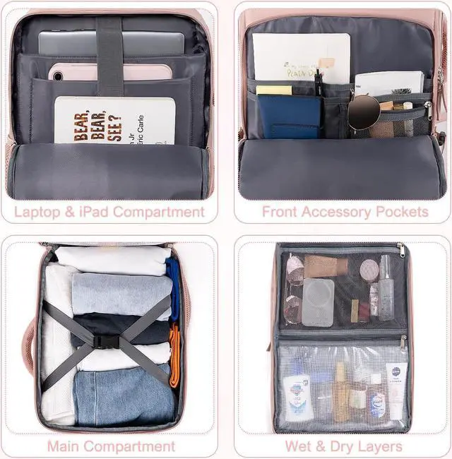 Alt view image 5 of 5 - Sinaliy Backpack (Pink & Beige), Flight Approved Personal Item Travel Backpack, Carry On Backpack with Multi-Pockets, College Bag, Hiking Waterproof Backpack, Business Backpack with USB Charging Port