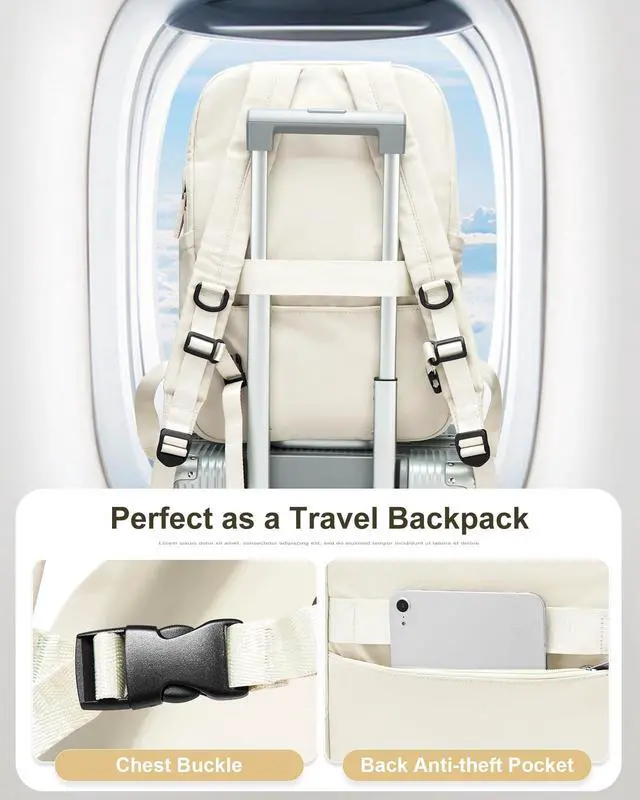 Alt view image 4 of 5 - suratio Laptop Backpack for Women Large Travel Backpack for Men Gym Work Teacher Backpack with Laptop Compartment Casual Daypack Backpacks Beige