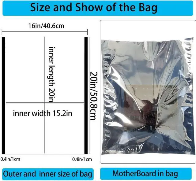Alt view image 2 of 3 - Anti Static Bags,20pcs 16x20in Open Top Extra Large ESD Shielding Bags,Anti-static Bag for Large Motherboard,GPU,Graphics Card and Electronic Device
