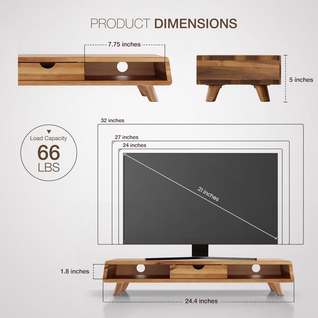 Alt view image 2 of 5 - TINAMO Acacia Wood Monitor Stand with Drawer - Wooden Monitor Riser for Desk - Computer Monitor Stand for Desk - Multi-Purpose Desktop Storage Stand for Computer; Laptop; Printer; TV - 24.4 " x 8" x 5