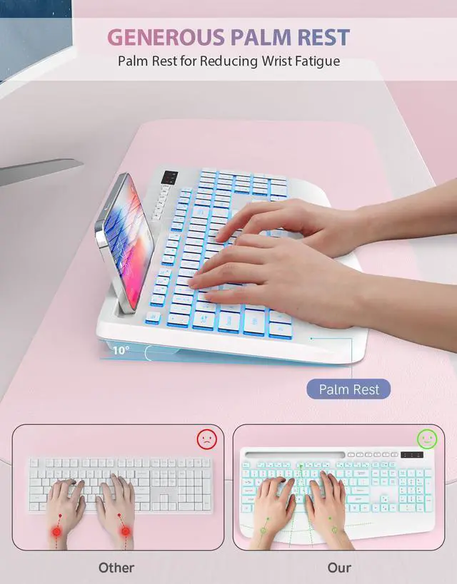 Alt view image 3 of 5 - Trueque Wireless Keyboard with 7 Colored Backlits, Phone Holder, Wrist Rest, Rechargeable Ergonomic Keyboard with Silent Light Up Keys, Cordless Computer Keyboard for Windows, Mac, Laptop - (White)