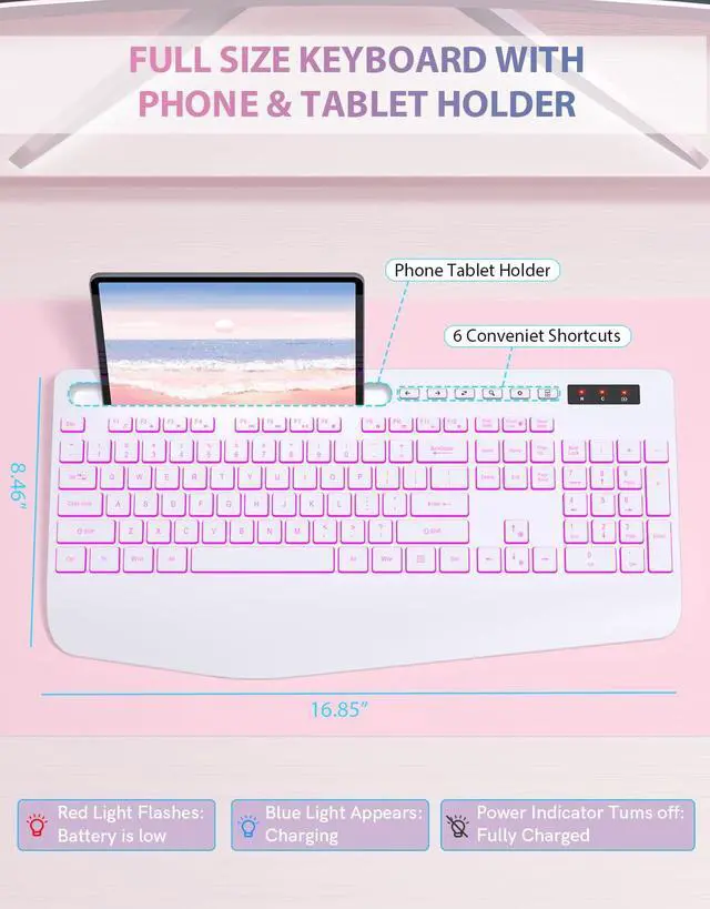 Alt view image 5 of 5 - Trueque Wireless Keyboard with 7 Colored Backlits, Phone Holder, Wrist Rest, Rechargeable Ergonomic Keyboard with Silent Light Up Keys, Cordless Computer Keyboard for Windows, Mac, Laptop - (White)