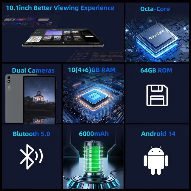 Alt view image 2 of 5 - Android 14 Tablet,10 inch Tablets, Octa Core CPU, 10GB+64GB+512GB Expansion, 1280x800 HD IPS Touchcreen Display , Wi-Fi6, Dual Camera, 6000mAh Battery, Bluetooth5, 2 in 1 Tablet PC,Widevine L1