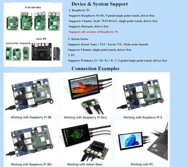 Alt view image 4 of 5 - UeeKKoo 5inch IPS Touch Screen 1024x600 Compatible with Raspberry Pi 5/4B/3B+/3B/Zero W WH/Zero 2 W/Pico/Pico W/Jetson Nano/PC, Support Win 11/10/ 8.1/8 /7, 800cd/m² (Wide-Bezel Capacitive Touch)