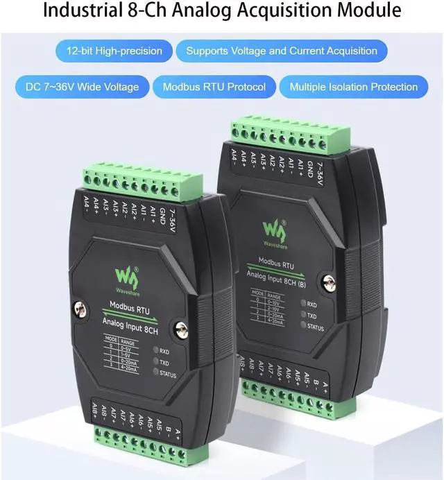 Alt view image 2 of 5 - Industrial 8-Ch Analog Acquisition Module, 12-bit High-Precision, DC 7~36V Wide Voltage Power Supply, Modbus RTU Protocol,8-CH Current Mode, 0~20mA (Modbus RTU Analog Input 8CH)