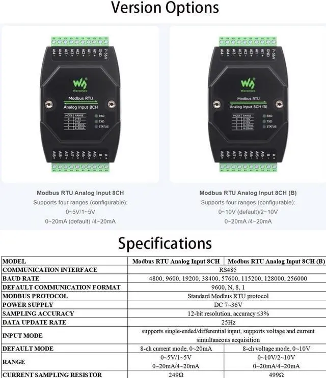 Alt view image 3 of 5 - Industrial 8-Ch Analog Acquisition Module, 12-bit High-Precision, DC 7~36V Wide Voltage Power Supply, Modbus RTU Protocol,8-CH Current Mode, 0~20mA (Modbus RTU Analog Input 8CH)